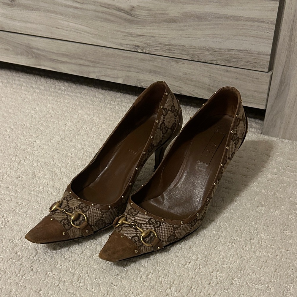 Gucci Brown Heels with Gold Accents